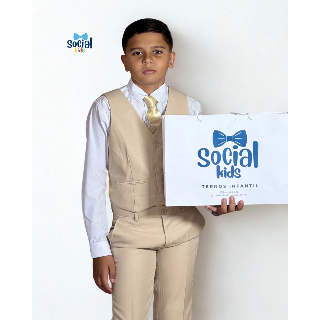 Colete + Calça Social Kids Tecido Microfibra Cor Bege 04 ao 16