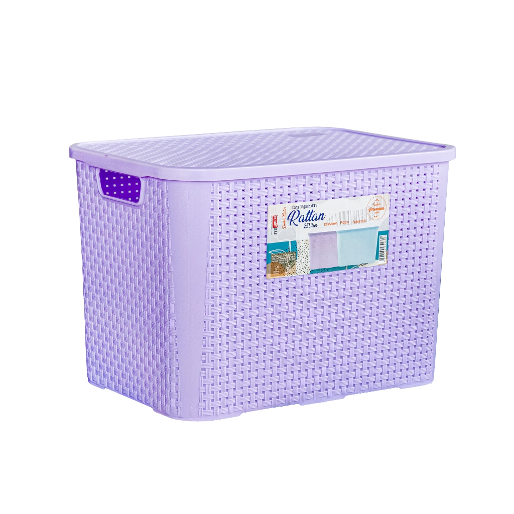 Caixa Organizadora Rattan 25 Litros Com Tampa Premium Multiuso Cesto Grande Resistente