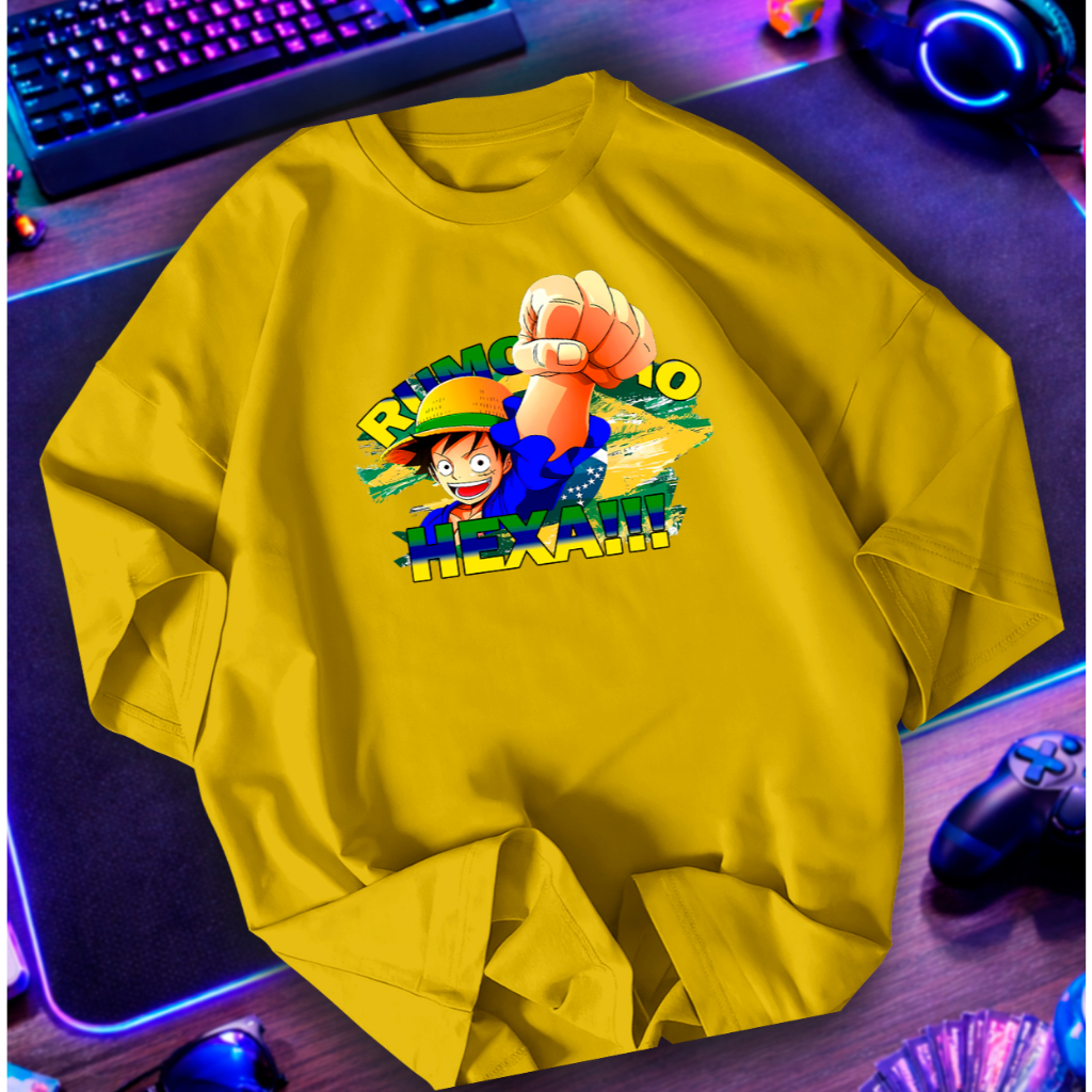 Camiseta Básica Copa do Mundo Monkey D. Luffy Camisa 100% Algodão Anime Seleção Brasileira Algodão