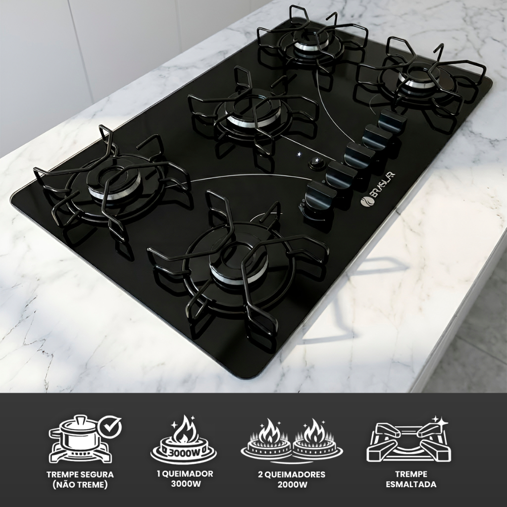 Fogão Cooktop 5 Bocas a Gás Ultra Chama 127V/220V Bivolt Acendimento Automático Vidro Braslar — imagem 2 de 2