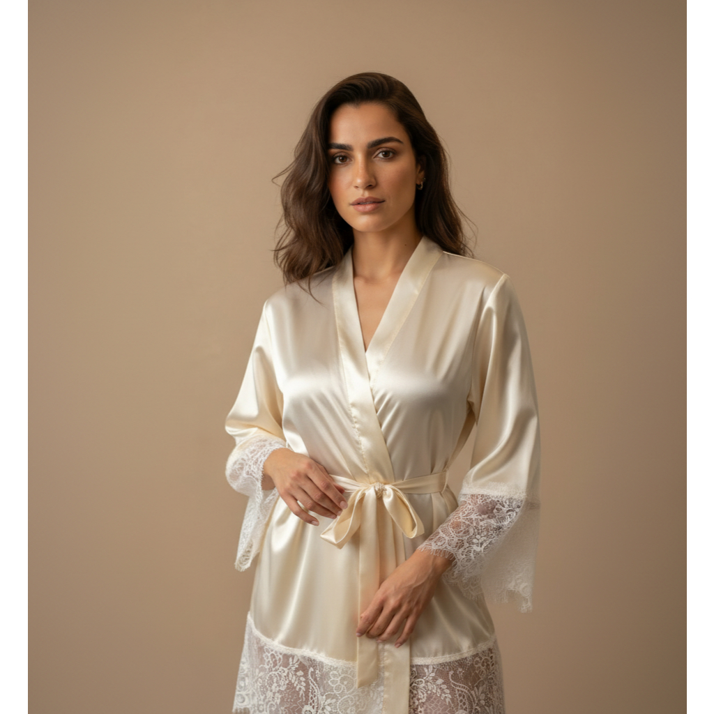 Robe de Cetim Champagne com Renda Premium para Noite Especial