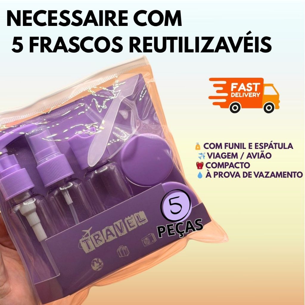 Necessaire com 5 Frascos Viagem Uso Geral Reutilizável P Creme Shampoo Gel Perfume Alcool 5 Peças em Oferta na Shopee