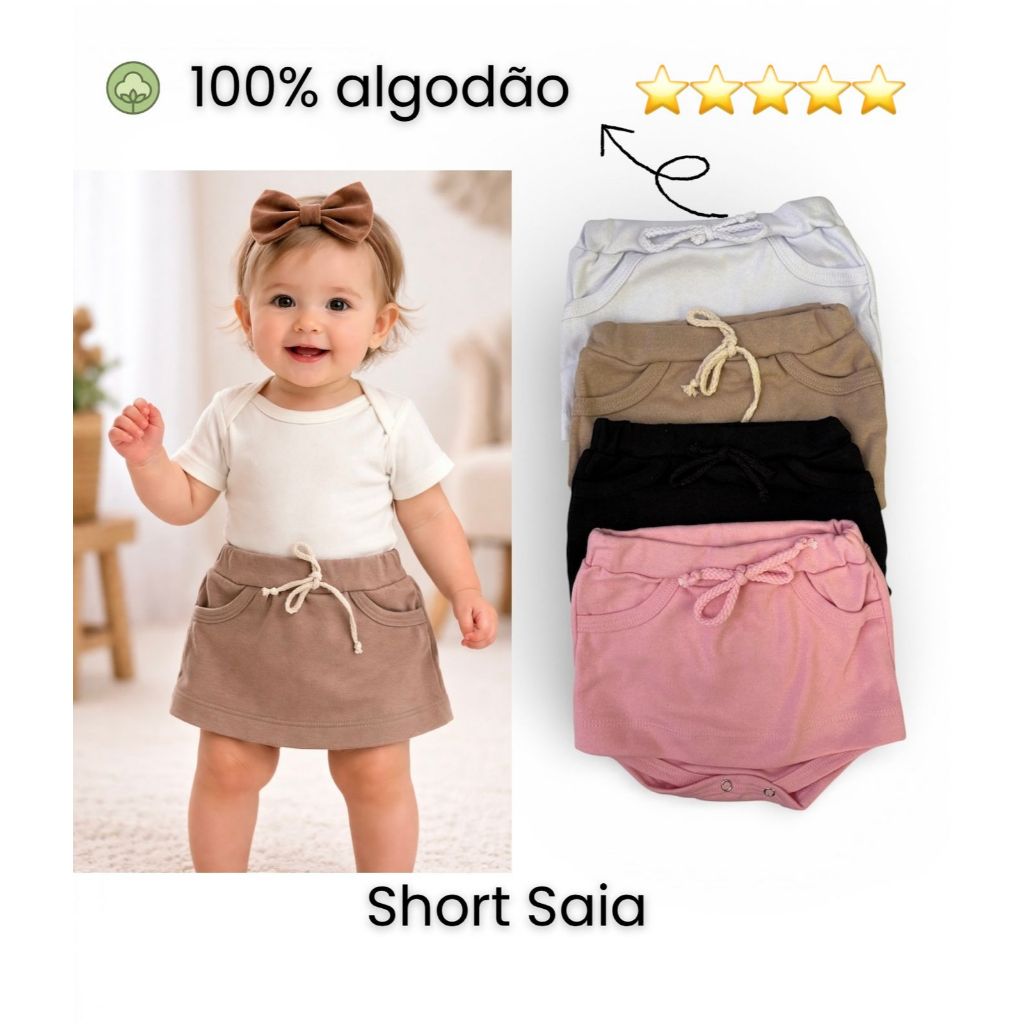 Short Saia Infantil Menina Tapa Fralda 100% Algodão