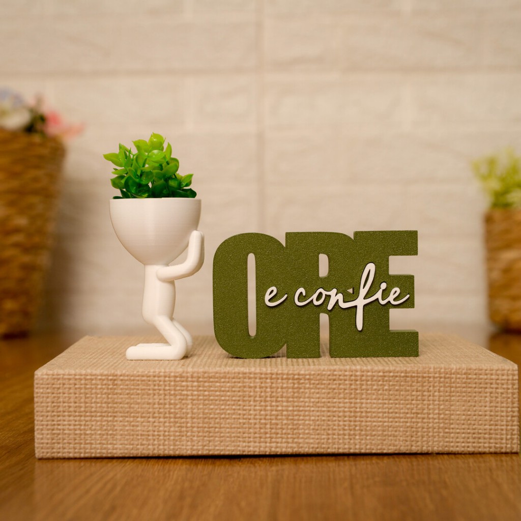 Vaso Ore Decorativo com Flor Artificial + Letreiro Decorativo Planta Artificial Decoração Sala Rack Mesa | Kit ou Peças