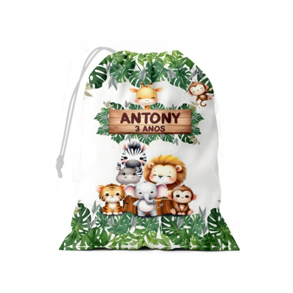 Saquinho Surpresa Kit Festa Safari 15x20cm Lembrancinha Aniversário Tecido Personalizado Nome e Idade Envio Rapido