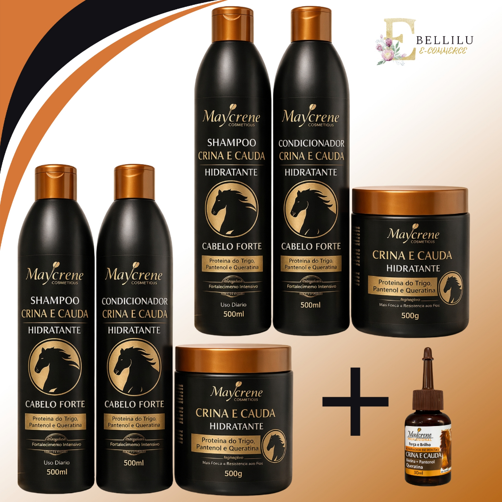 2 kit crina maycrene (shampoo+cond+mascara) 500ml + oleo crina e cauda 30ml em Oferta na Shopee