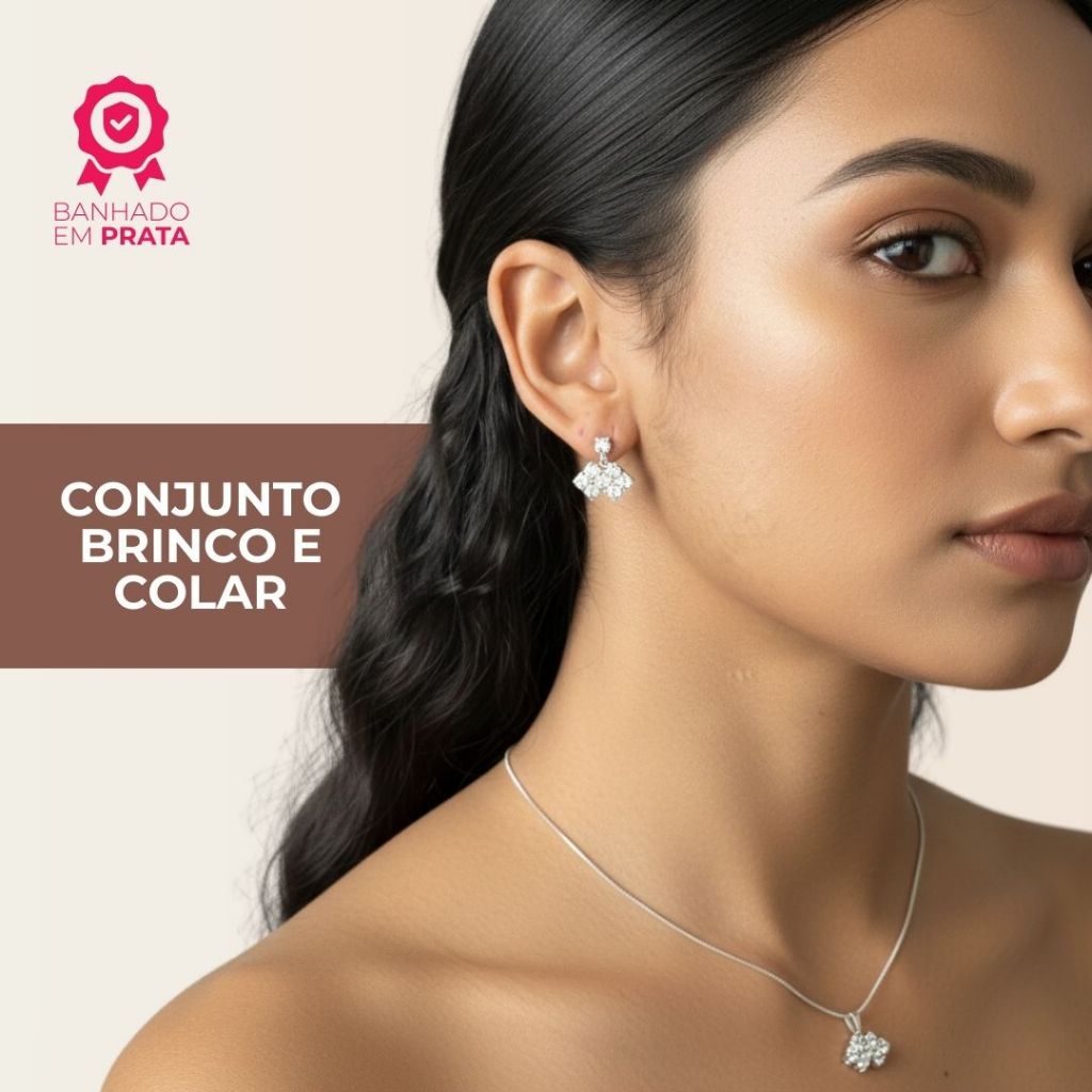 Conjunto Colar Brinco Banhado Prata Verdadeira Cordão Semi Joia Brilhante Feminina
