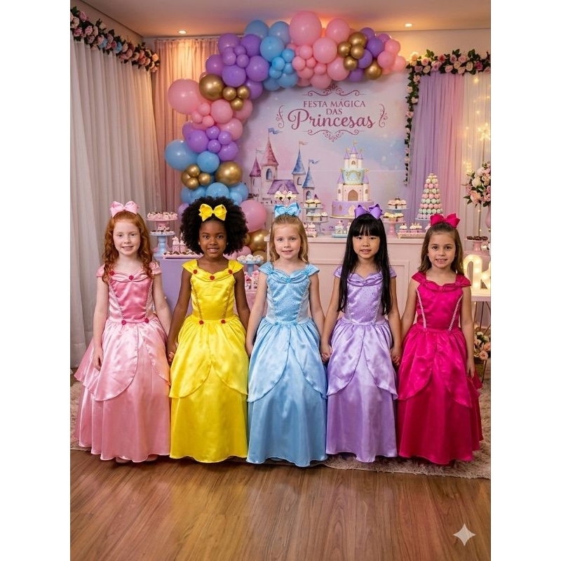 Fantasia Princesa Princesas festa infantil aniversário temático Sofia Bela Aurora Frozen Elsa
