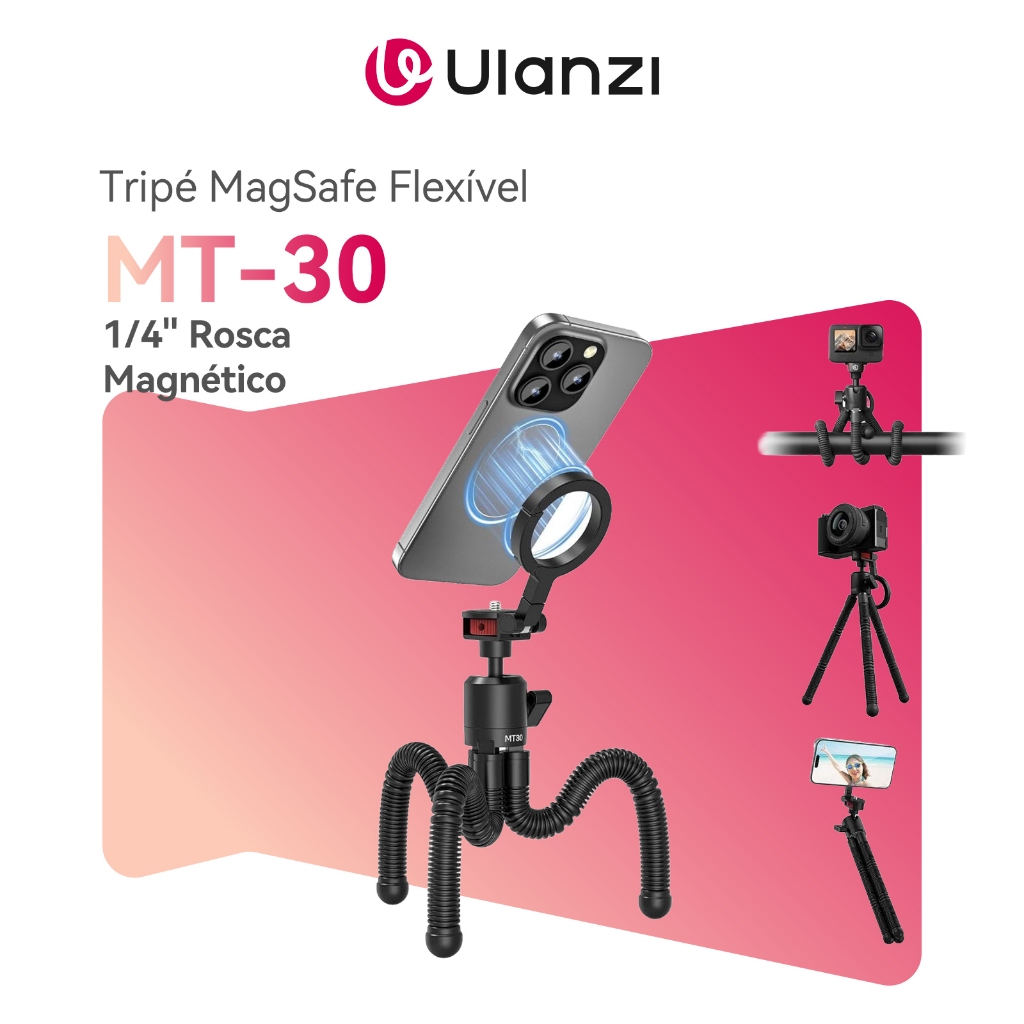 ULANZI MT-30 Tripé Magnético Flexível MagSafe Para Celular E Câmeras Mini Suporte Polvo 1/4" Preto