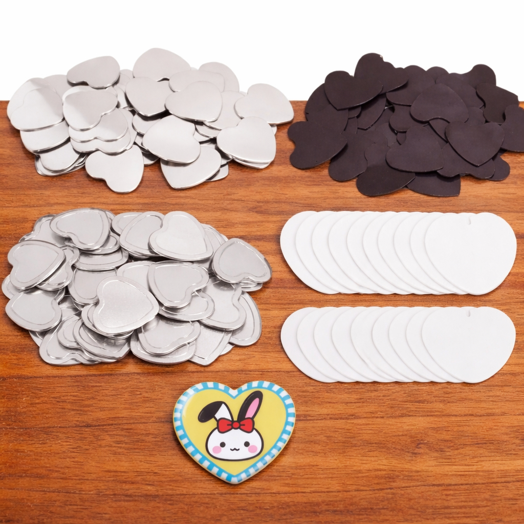Kit 100 Ímãs de Geladeira Coração para Máquina de Botton – Pins e Bottons Personalizados Estilo Coração