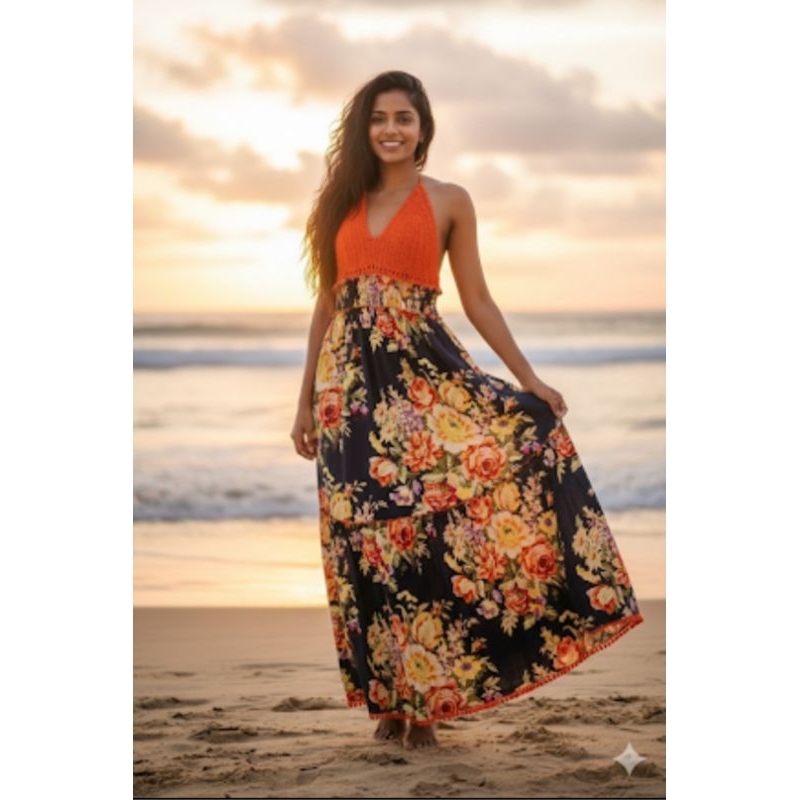 Vestido Longo Indiano Premium Crochê Boho Chic Feminino
