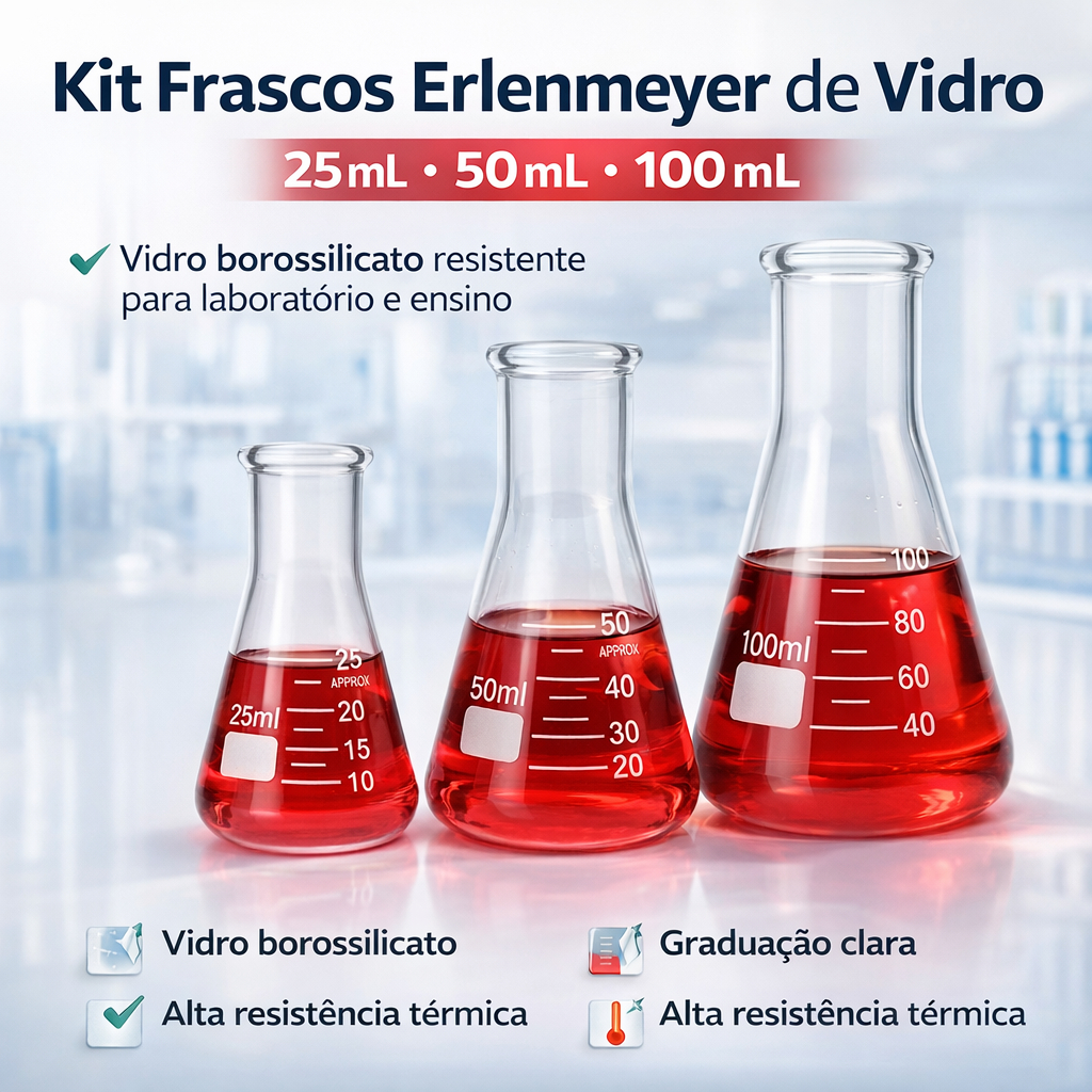 Kit de Erlenmeyer de vidro boca estreita 25 mL, 50 mL e 100 mL para preparo e diluição