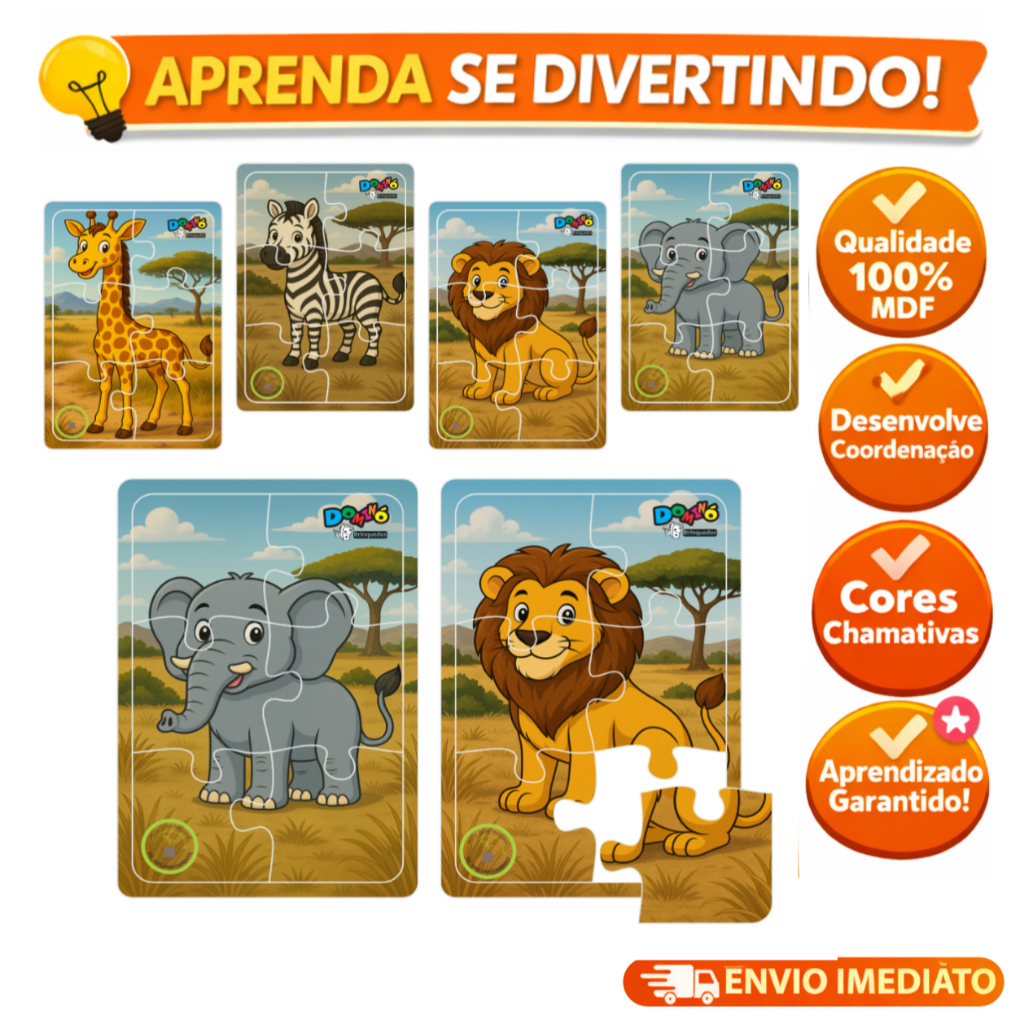 Kit 4 Jogos Quebra Cabeça Animais Safari Infantil em madeira Mdf 6 peças (4 unidades)