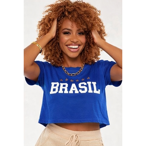 Cropped Feminino Brasil Camisa Curta BRASIL Verde Amarelo Azul Torcida Copa Roupa Feminina Moda