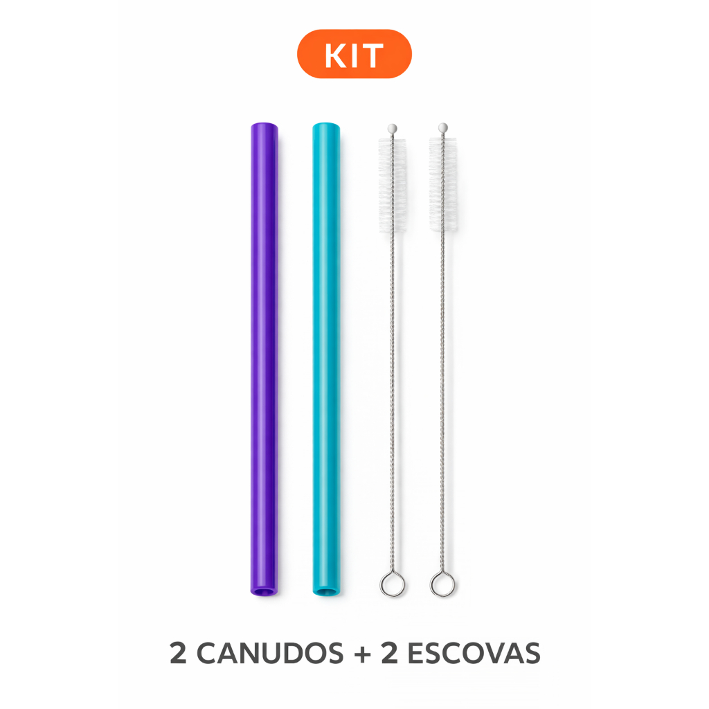 Kit Canudos Silicone Reutilizáveis 22,8cm Com Escova Limpeza 2 Peças