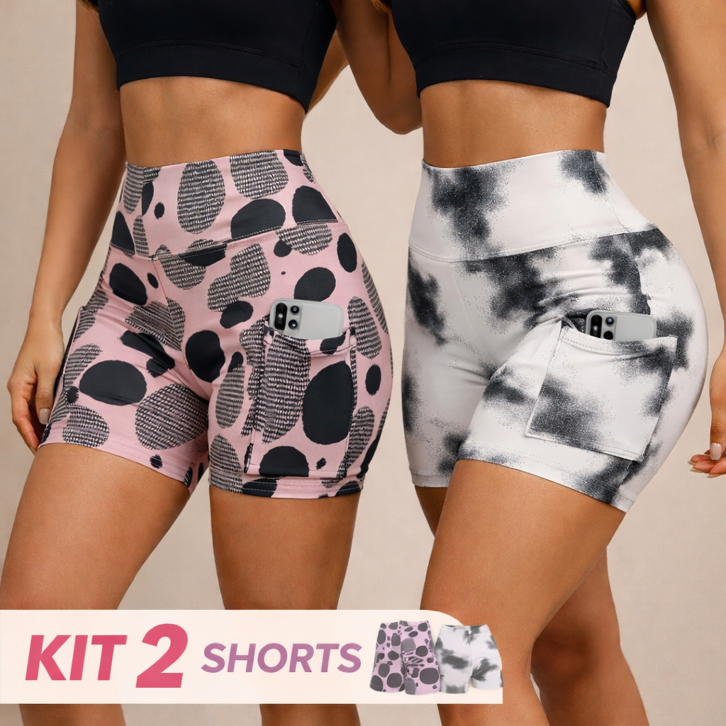 Kit 2 Shorts Fitness Feminino Academia Cós Alto Meia Coxa Zero Transparência Bermuda estampada