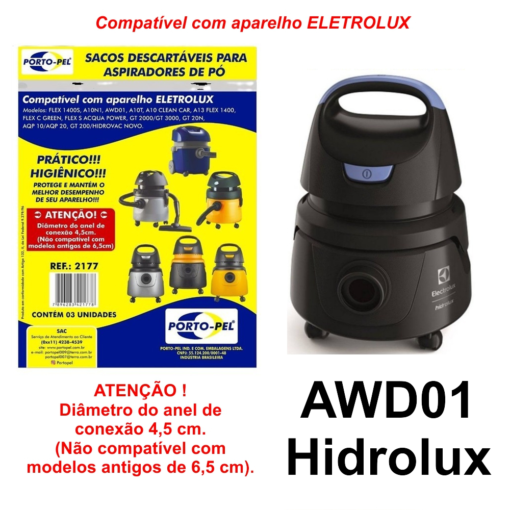 Kit 3 Sacos Aspirador de Pó Electrolux - Hidrolux AWD01 Cod. 2177