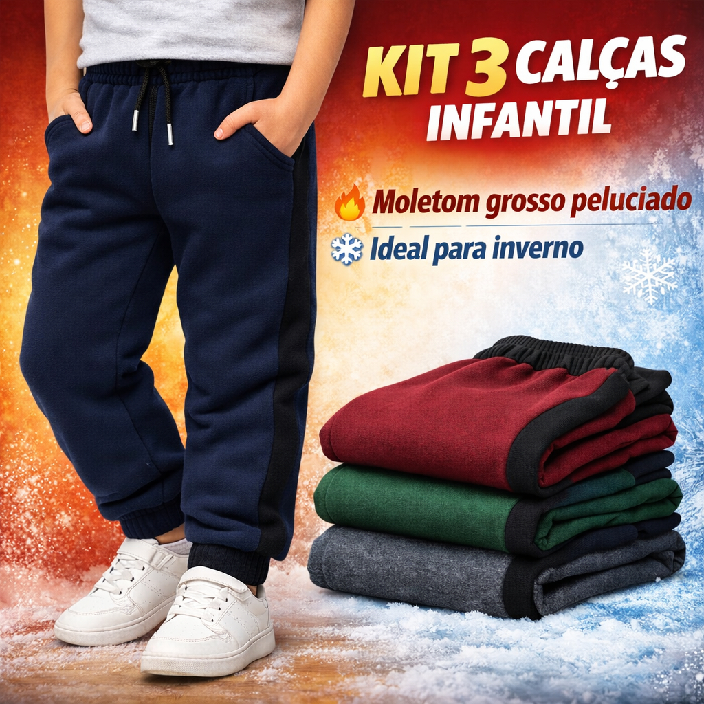 Kit 3 Calça de Moletom Menino Roupa de inverno Infantil Masculina Tecido Grosso e Quentinho Oferta