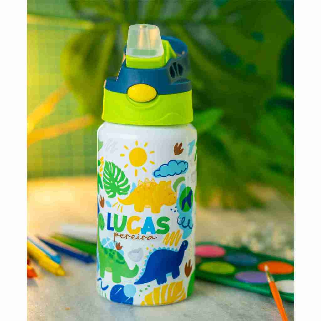 Squeeze infantil personalizado com nome - Estampa dinossauro cute - Bico silicone - Squeeze aluminio