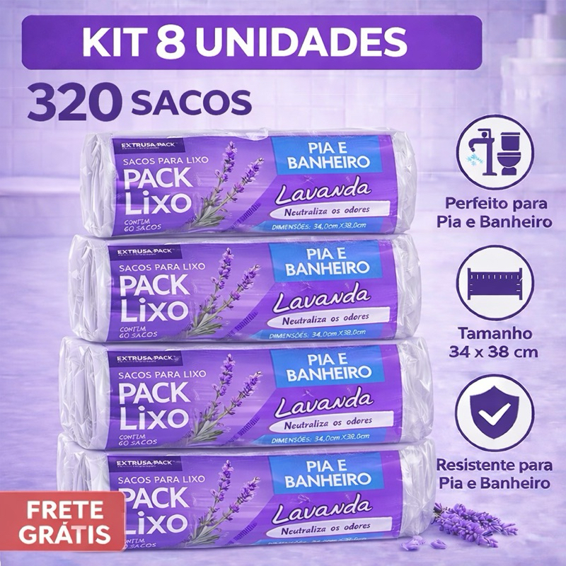 Kit 2~8 Pacotes com 80~320 Sacos de Lixo Perfumados Lavanda | Pia Cozinha e Banheiro | 34x38cm em Oferta na Shopee