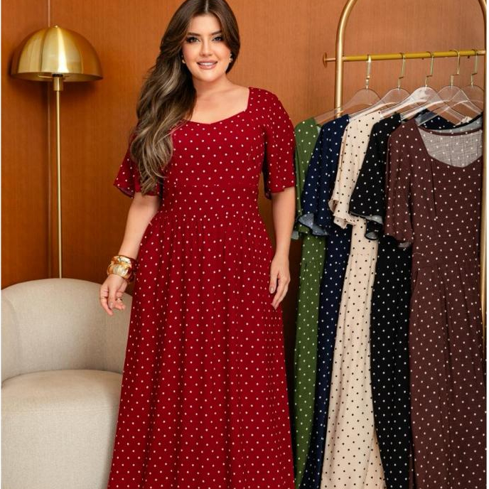 Vestido Midi Poá  🔥 Elegante e Delicado – Moda Feminina Evangélica, Casual Chic, Soltinho, Confortável, Tendência 2026 em Oferta na Shopee
