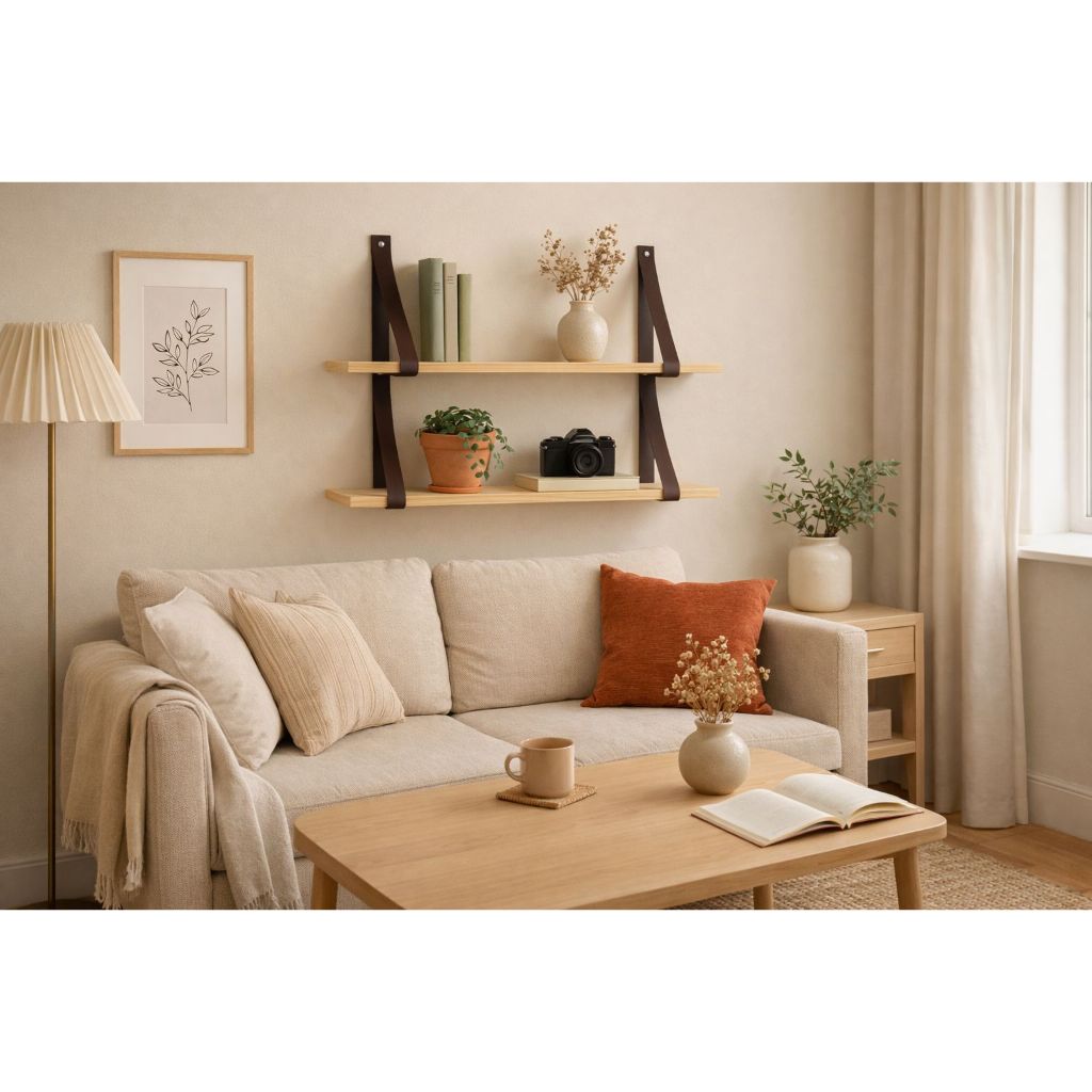 Kit 2 e 4 Prateleira Suspensa MDF Premium Alça Corino Decorativa Sala Quarto Banheiro Estilo Moderno