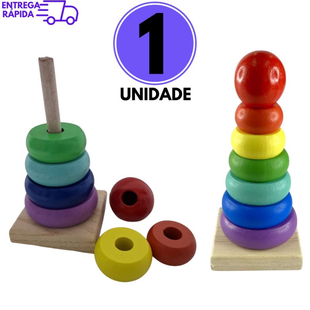 Brinquedo Educativo Coordenação Motora Infantil Torre Montessori Empilhar Cores MDF