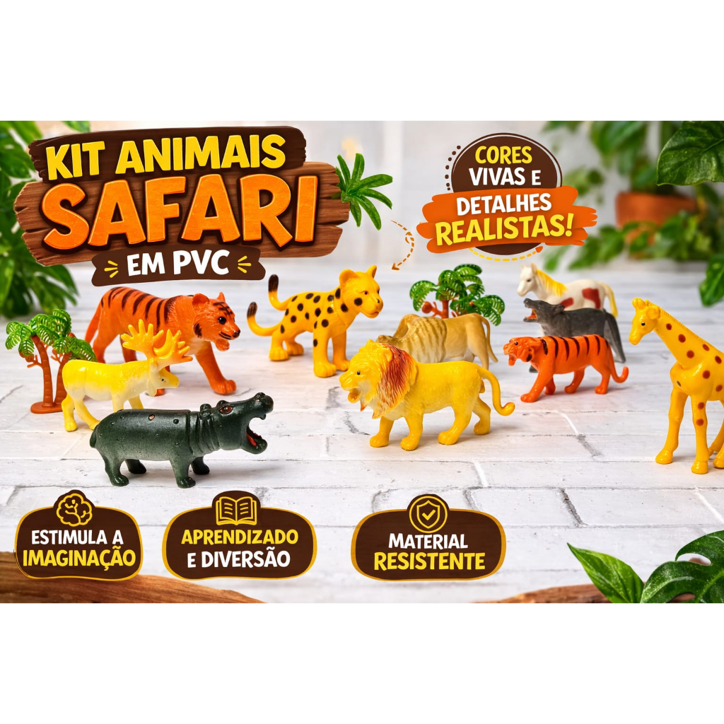Kit Animais Safari 12 Peças em PVC 8cm – Leão, Tigre, Girafa e Outros Animais Selvagens