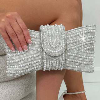 Bolsa Femenina Clutch De Festa Casamento Madrinhas Pedrarias Strass Laço Bolsa Prata Dourada em Oferta na Shopee
