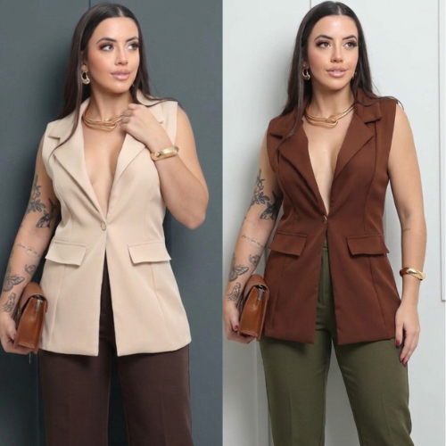 Colete Feminino Alfaiataria Elegante com Gola Social e Botão Forrado – Blazer Sem Manga Alongado para Trabalho e saidas