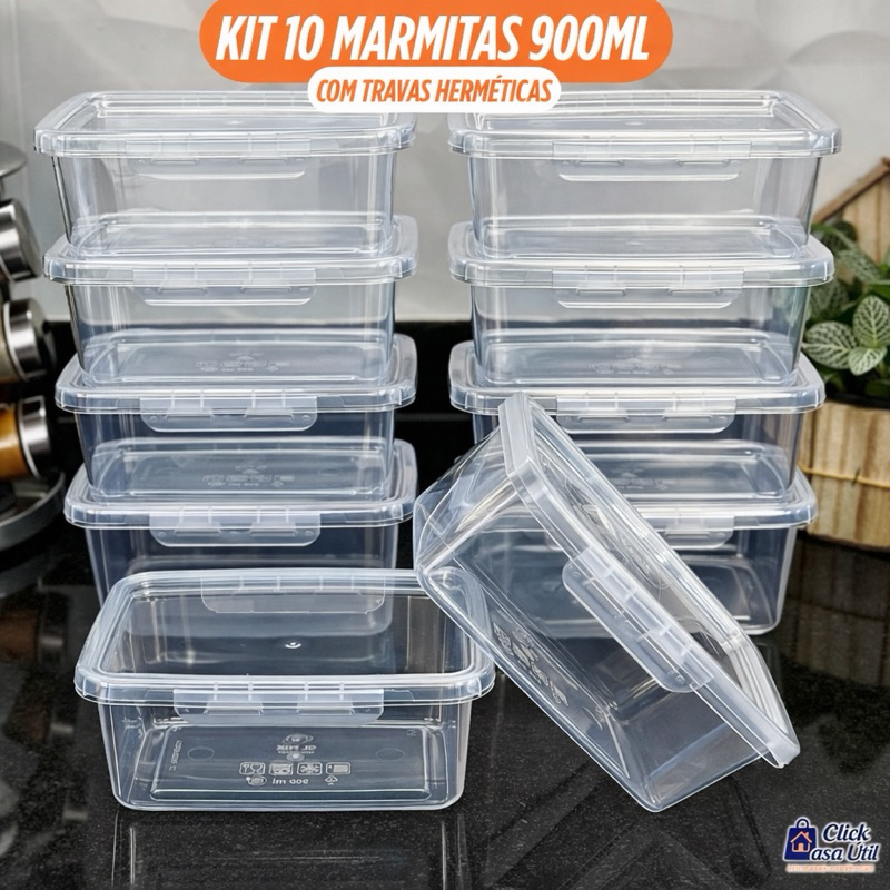 Kit 10 Marmitas Potes 900ml Travas Laterais hermeticas - Livres de BPA Alimentos organiza ...