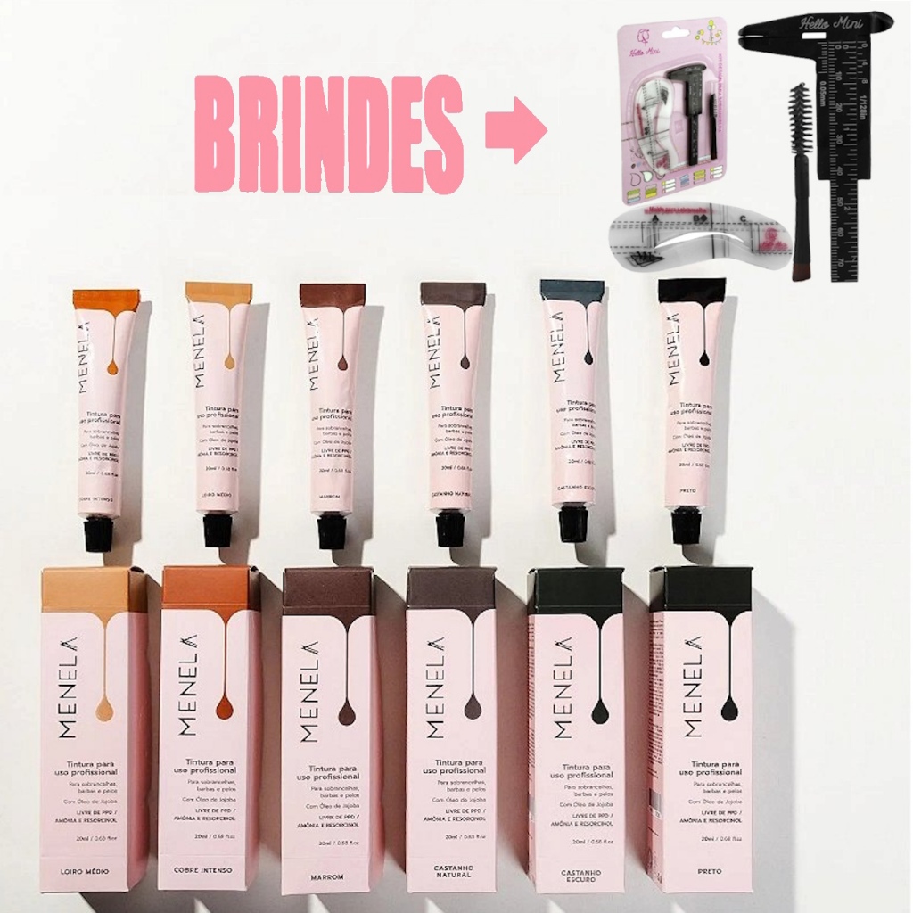 Tintura Profissional para Sobrancelhas Cílios e Barba Menela 20mL Paquimetro Mini Pincel Moldes
