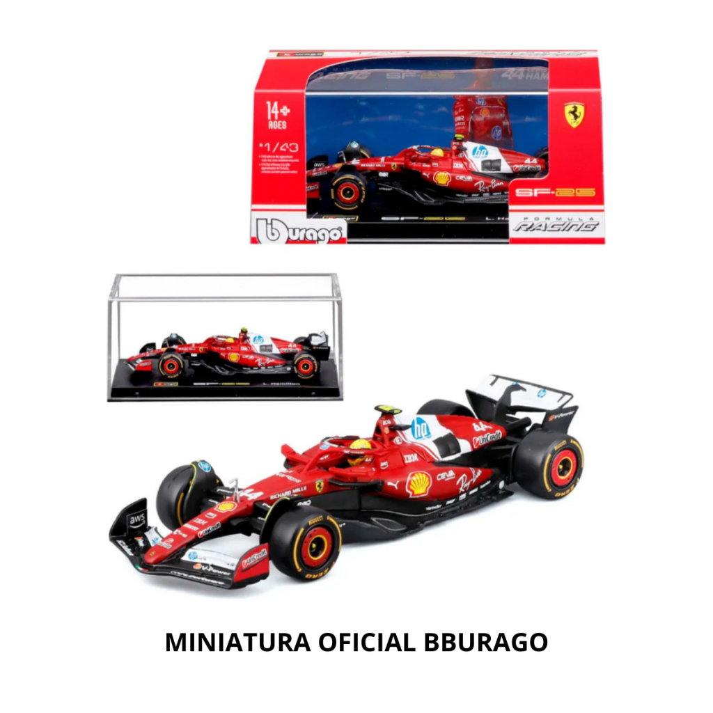 Miniatura F1 Ferrari SF-25 2025 Lewis Hamilton 1:43 Bburago com Capacete do Piloto e Expositor Premium em Acrílico