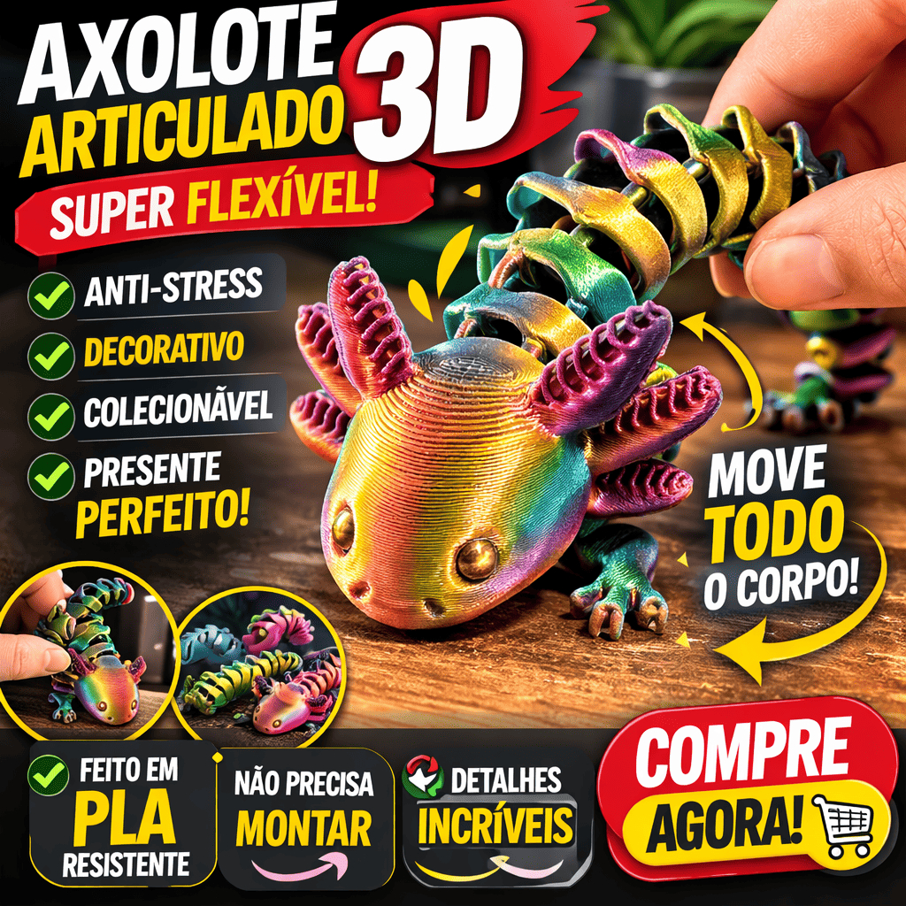 Axolote Articulado 3D Flexível Fidget Toy Anti Stress Brinquedo Sensorial Geek Impresso 3D