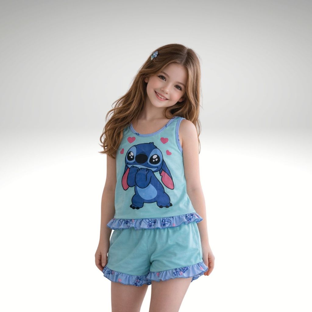 Pijama Infantil Menina Babydool Verão Personagens Stitch Promoção