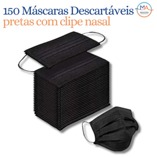 Kit 150 Máscaras Descartável Preta Tripla Camada Com Clipe Nasal Adulto em Oferta na Shopee
