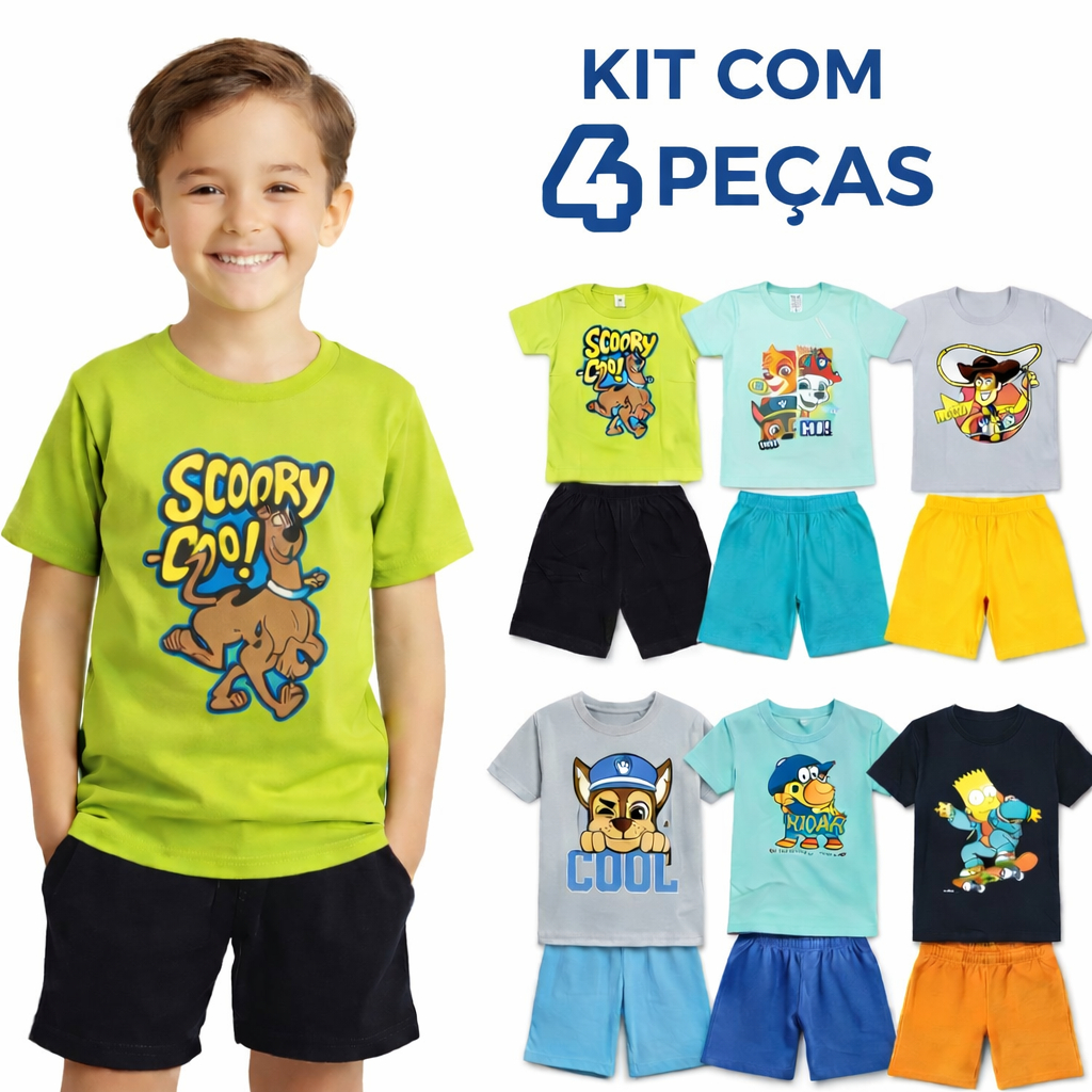 Kit 2 ou 4 Peças Conjunto Infantil Menino Verão Roupa Masculina Algodão Confortável Camiseta + Bermuda Estampada 1 a 8 A