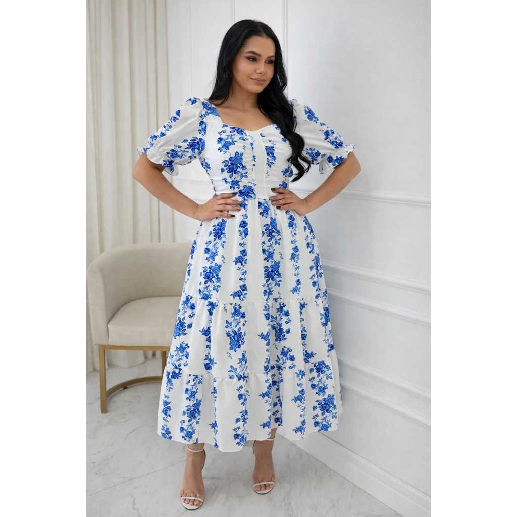 Vestido midi feminino elegante com mangas  bufante casual e festa em Oferta na Shopee