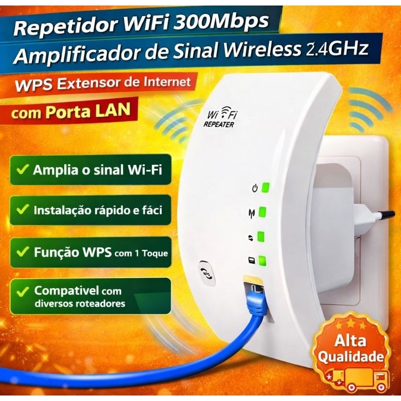 Repetidor WiFi 300Mbps Amplificador de Sinal Wireless 2.4GHz WPS Extensor de Internet com Porta LAN