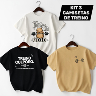 Camiseta Feminina Kit 3 Camisas Academia Meme Engraçada Algodão Unissex Treino Fitness