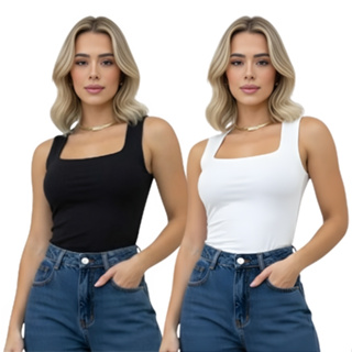 Kit 2 Blusinha Regata Decote Quadrado Reto Na Frente Suplex Tendência Blogueira Fashion Minimalista em Oferta na Shopee