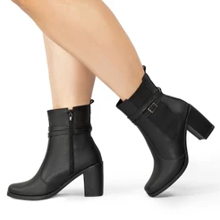 Bota Feminina Lumiss Salto Alto Bloco Confortável Cano Curto Elástico Zíper Blogueira Preto