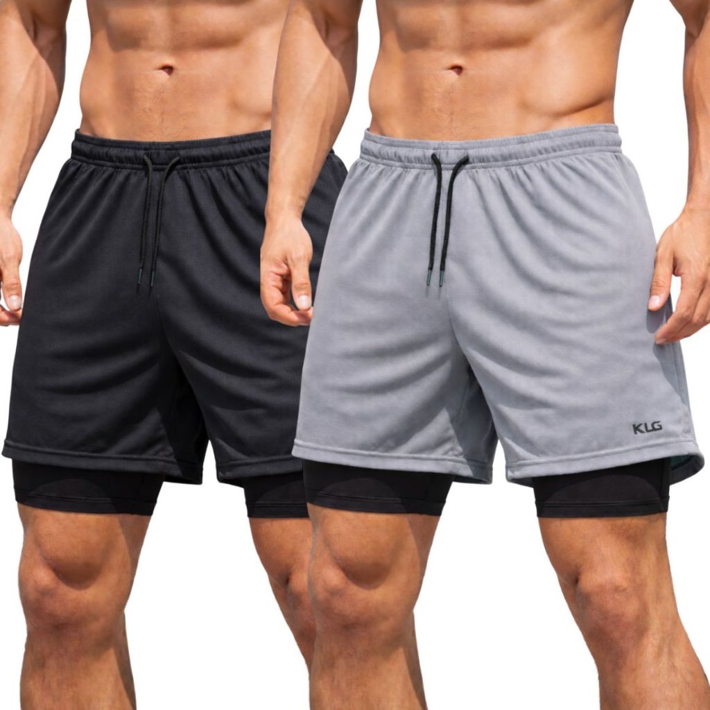 Kit 2 Bermudas Masculinas 2 em 1 Academia com Bolso Interno Shorts Forrados interno Compressão