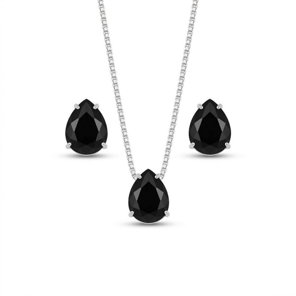 Conjunto Colar e Brincos Gota Preta em Prata 925