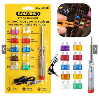 Kit Fusível Automotivo Lâmina Mini 12V 10 Pçs Chave Teste Carro Moto 5A 10A 15A 20A Universal