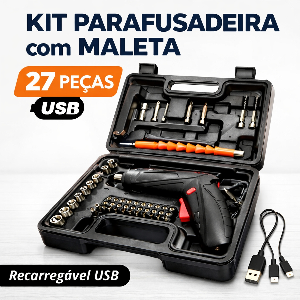 Kit Parafusadeira Sem Fio 27 Itens para Manutenção Doméstica e Hobby Uso Geral em Apartamento e Escritório Bivolt