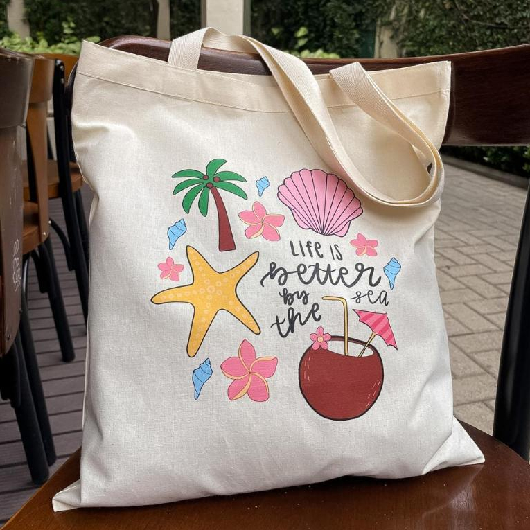 Bolsa Sacola Ecobag Ecologica "Life Is Better" - 100% algodão bolsa de praia