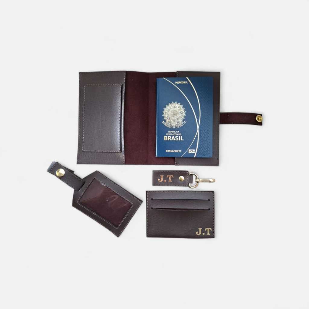 Kit Viagem Porta Passaporte+Porta Cartão+Chaveiro+Tag de Mala Personalizado