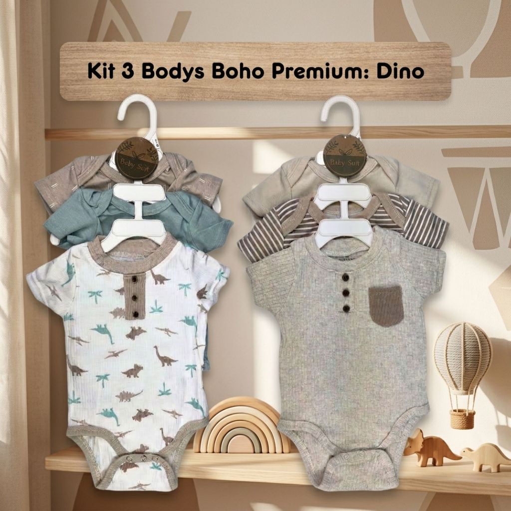 Kit 3 Bodys Boho Premium: Tons Neutros e Textura Canelada para um Enxoval Minimalista