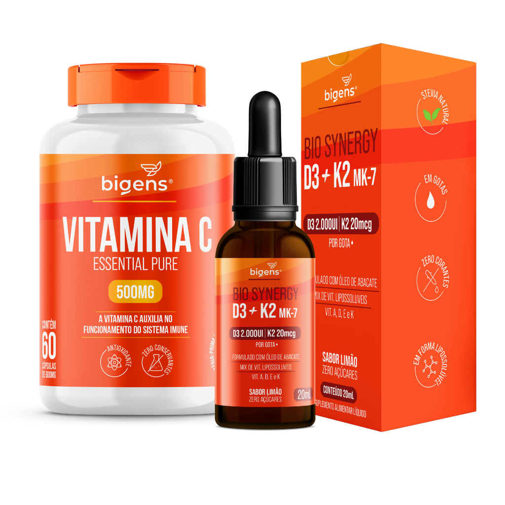 Kit Imunidade Bigens Vitamina C 500mg + Bio Synergy D3 K2 MK7 | Antioxidante e Defesa do Organismo em Oferta na Shopee